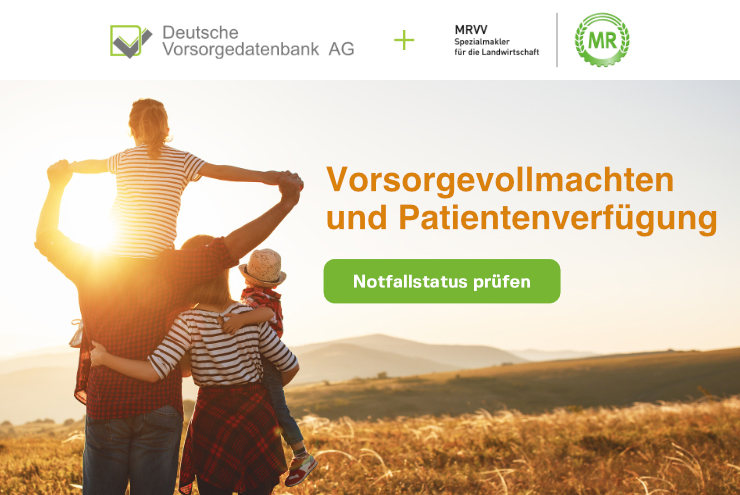Banner für Vorsorgevollmachten und Patientenverfügung mit Bild von Familie, die den Sonnenuntergang beobachten